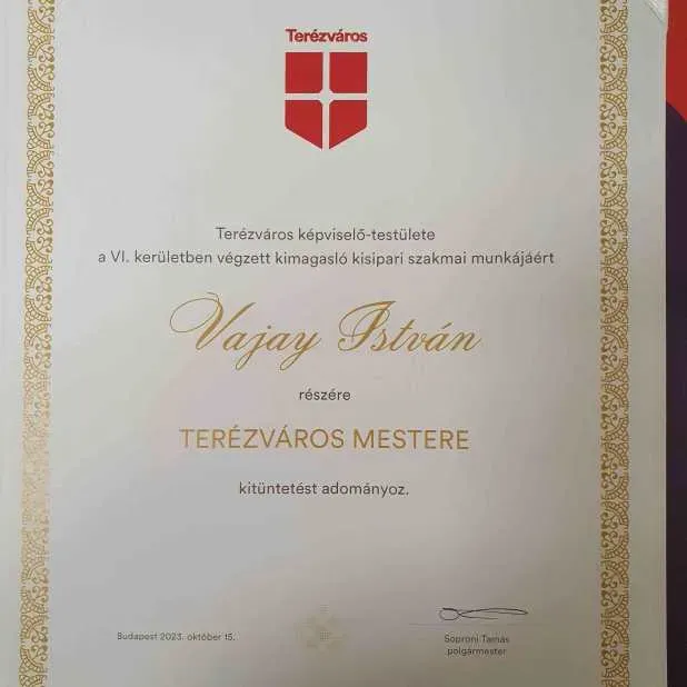Az oklevél, Vajay István részére